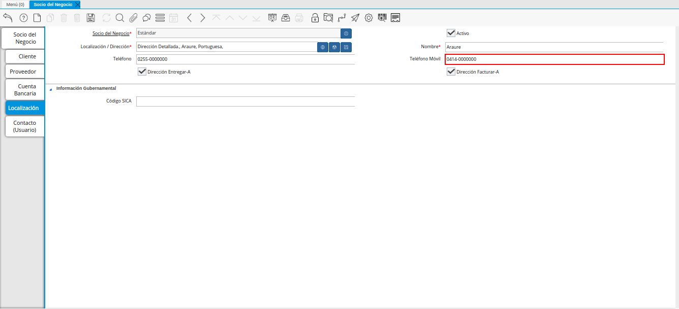 Campo Teléfono Móvil de la Pestaña Localización del Registro Proveedor
