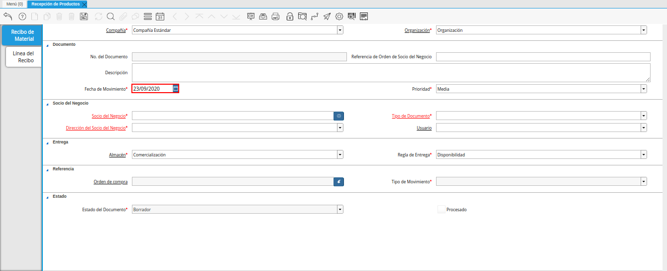 campo fecha de movimiento de la ventana recepción de productos