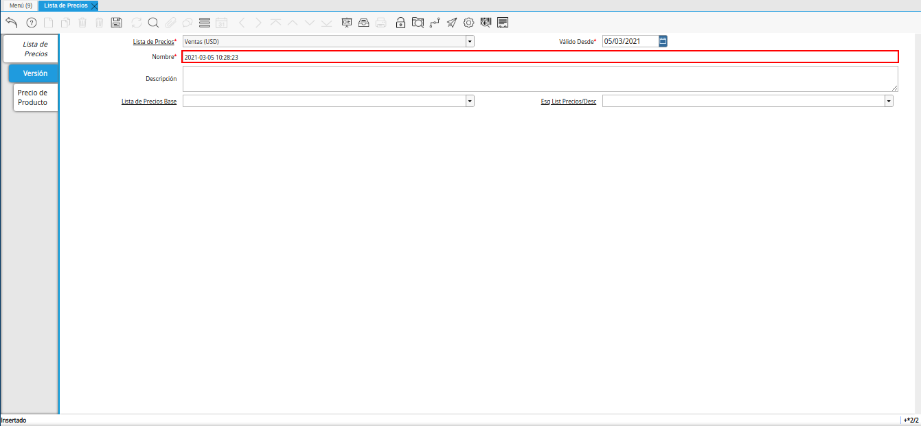 campo nombre para lista de precios base