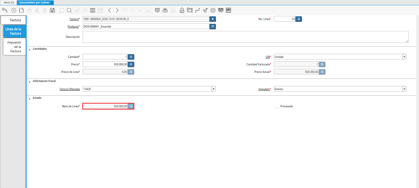 Campo Neto de Línea nota de crédito