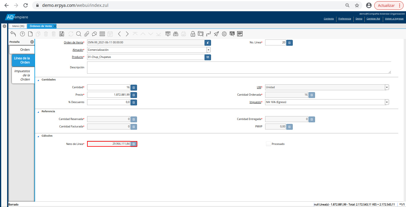 campo neto de línea de la orden de venta no fiscal