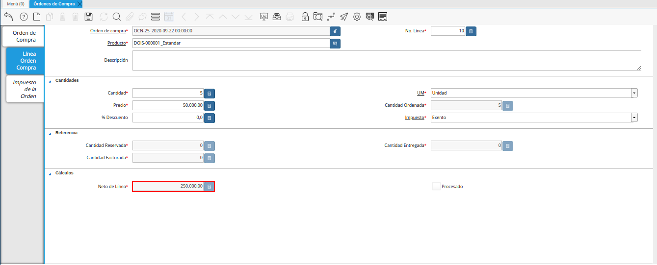 campo neto de línea de la ventana órdenes de compra