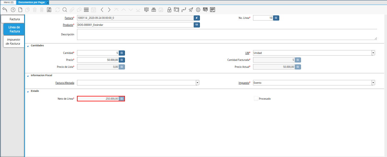 campo neto de linea de la pestaña linea de factura