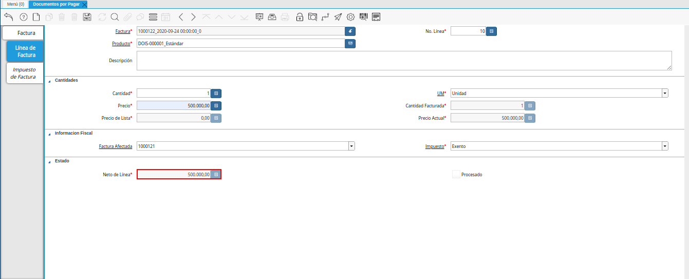 campo neto de linea de la pestaña linea de factura débito