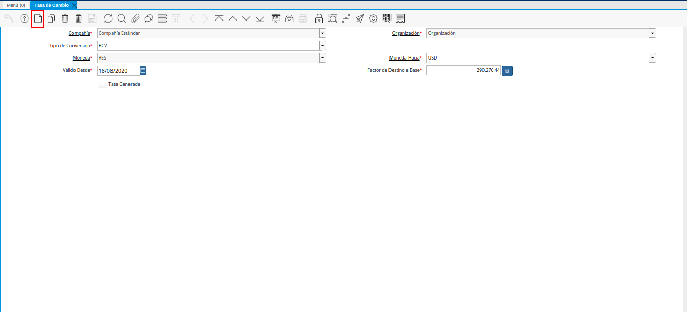 Icono Registro Nuevo de la Ventana Tasa de Cambio