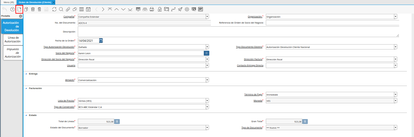 icono registro nuevo de la ventana orden de devolución cliente