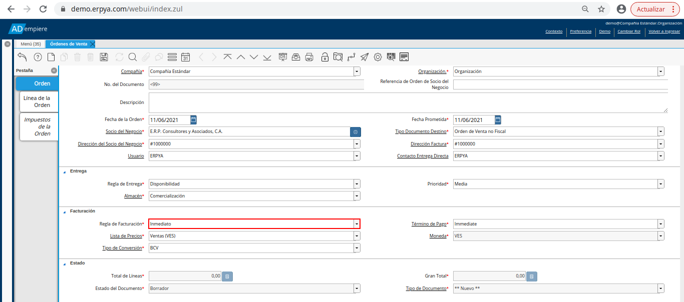 campo regla de facturación de la orden de venta no fiscal