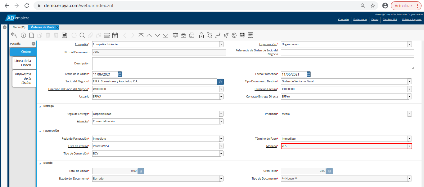 campo moneda de la orden de venta no fiscal