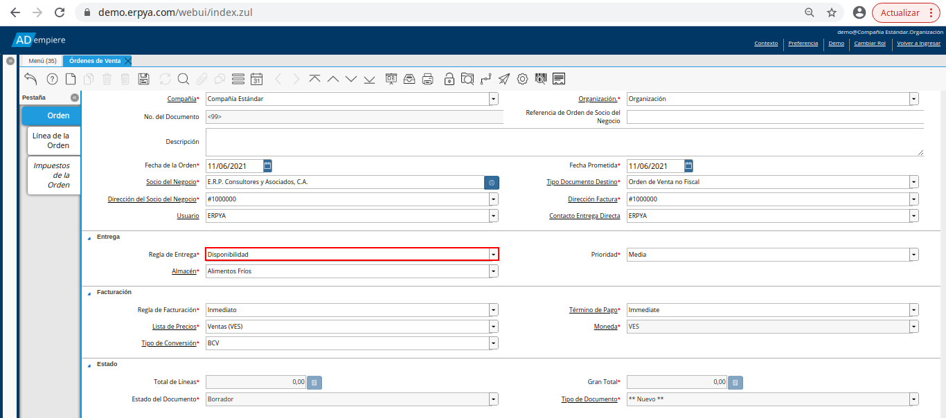 campo regla de entrega de la orden de venta no fiscal