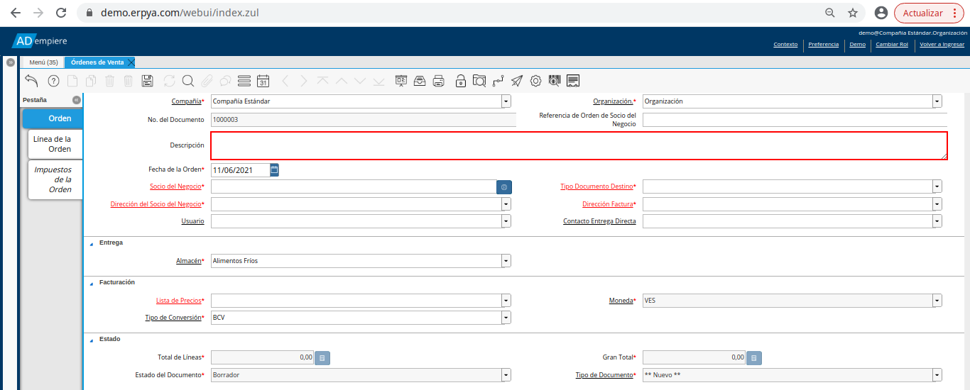campo descripción de la orden de venta no fiscal