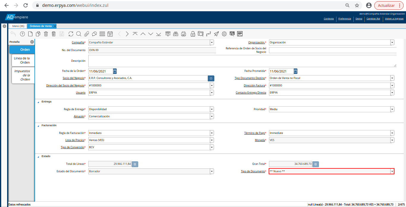 campo tipo de documento de la orden de venta no fiscal