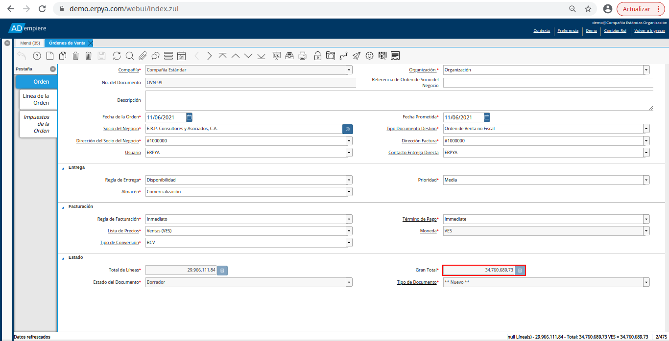campo gran total de la orden de venta no fiscal