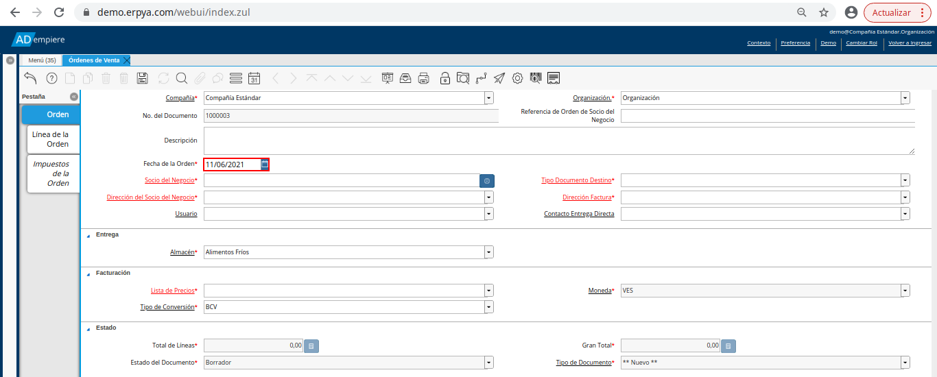 campo fecha de la orden de la orden de venta no fiscal