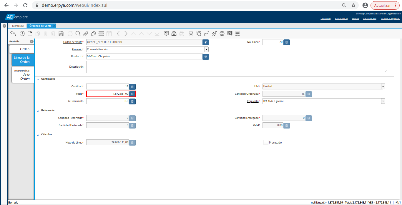 campo precio de la orden de venta no fiscal