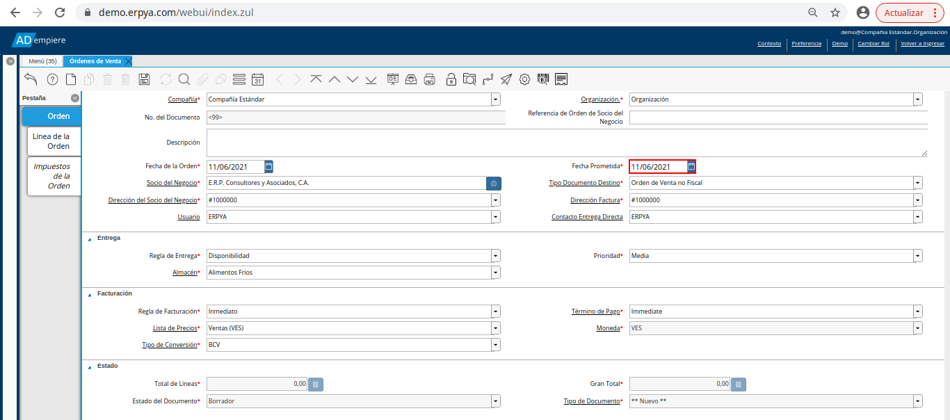campo fecha prometida de la orden de venta no fiscal