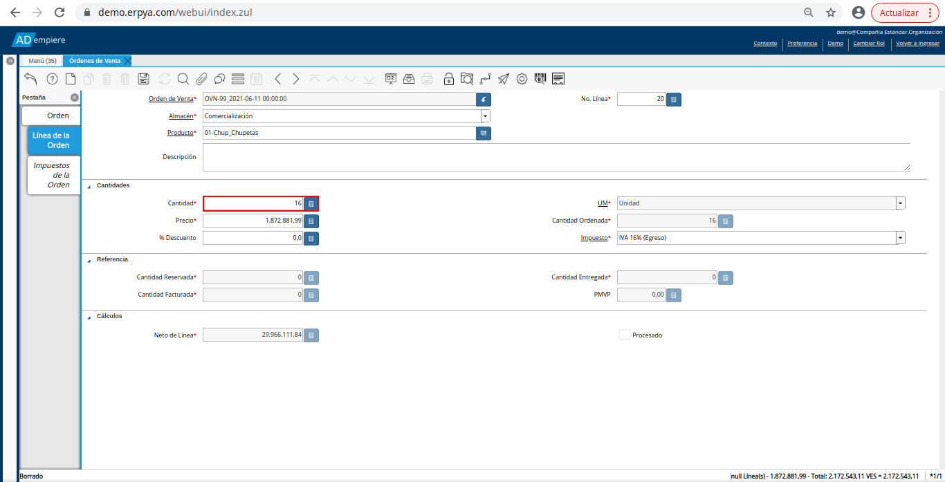 campo cantidad de la orden de venta no fiscal