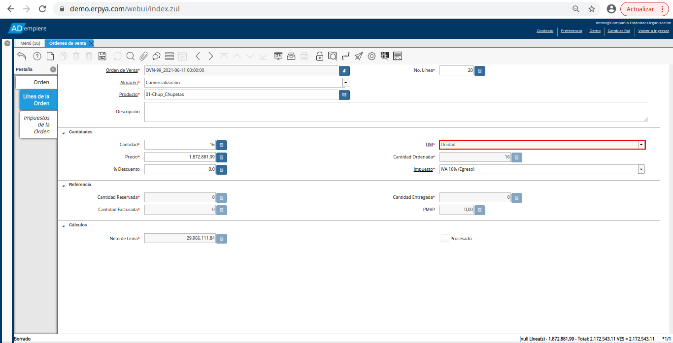 campo unidad de medida de la orden de venta no fiscal