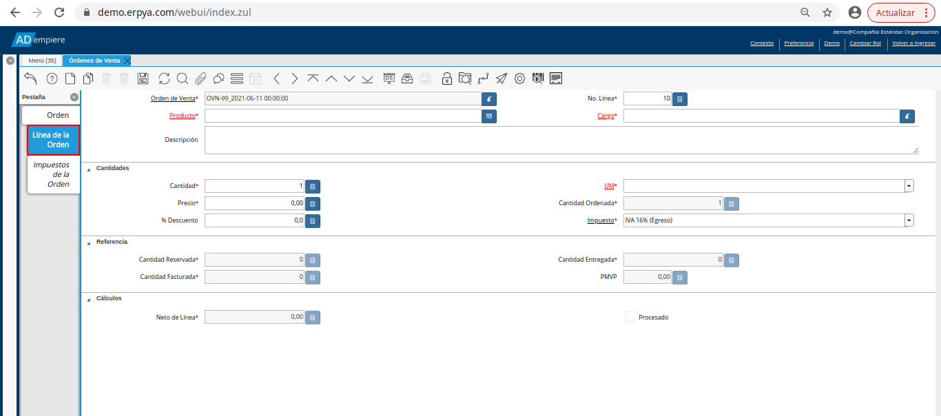 pestaña línea de la orden de la orden de venta no fiscal