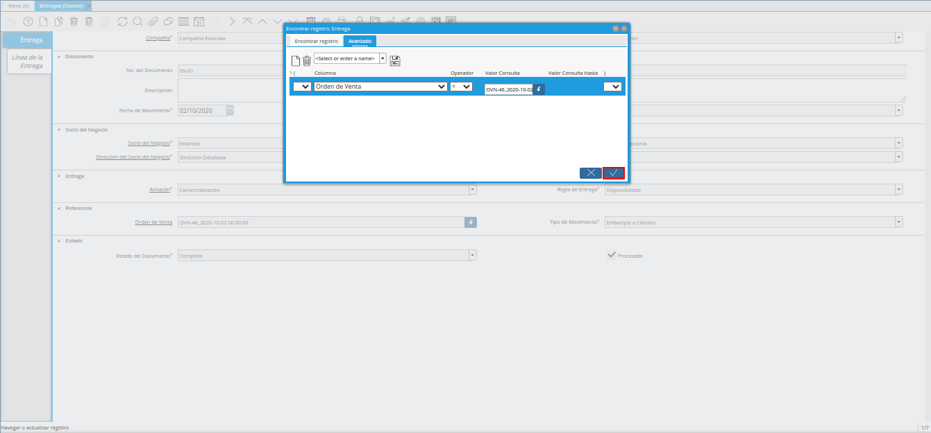 Opción OK de la Ventana Encontrar Registro Entrega
