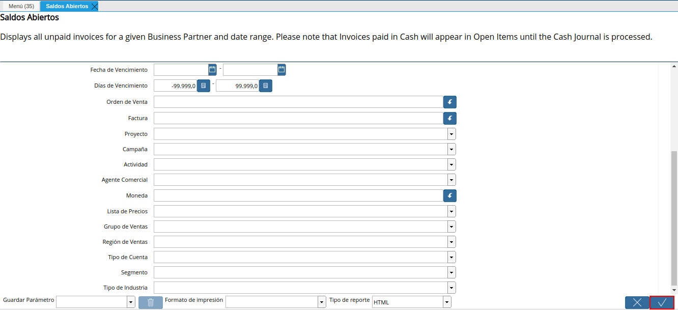 opción ok del reporte de saldos abiertos