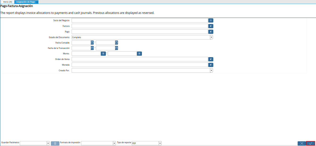 opción ok del reporte asignación de pago
