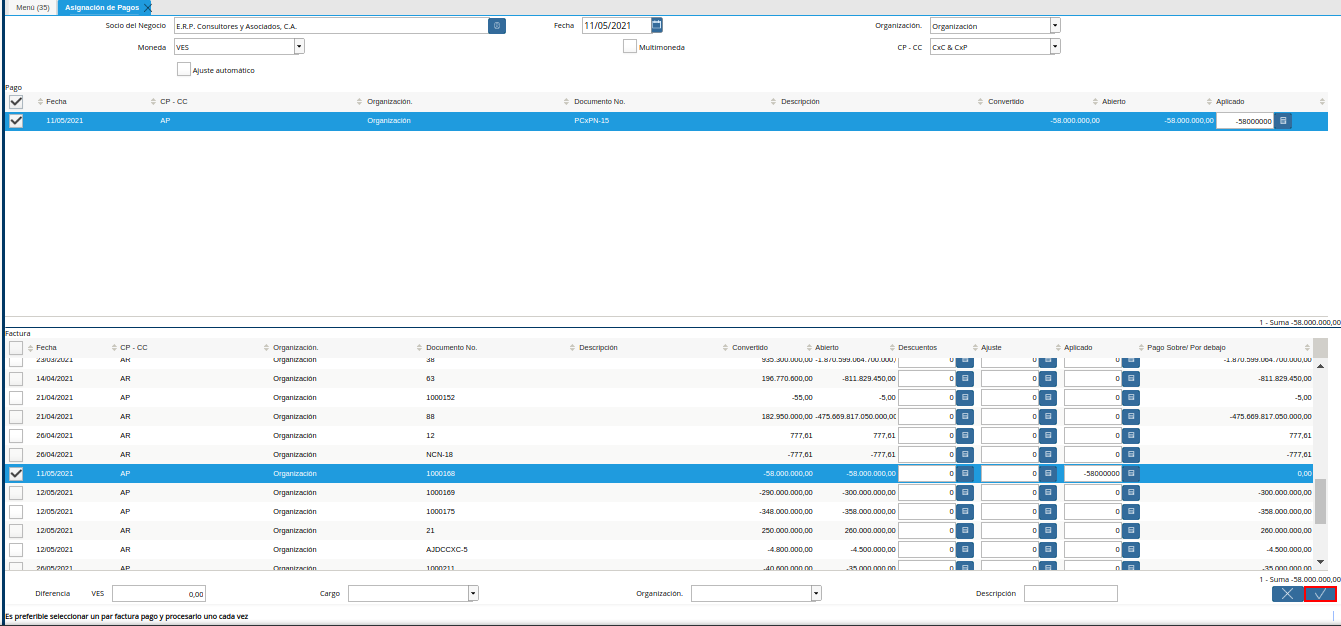 opción ok de la ventana asignación de pagos