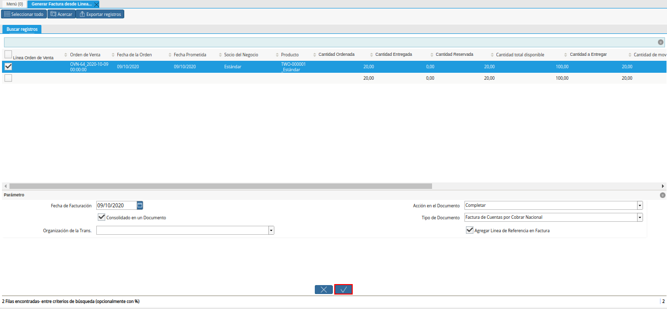 Opción OK de la Ventana Generar Factura desde Líneas de la Orden