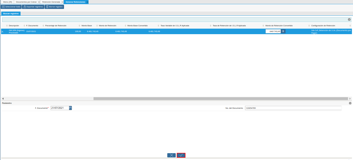 opción ok de la ventana generar retenciones