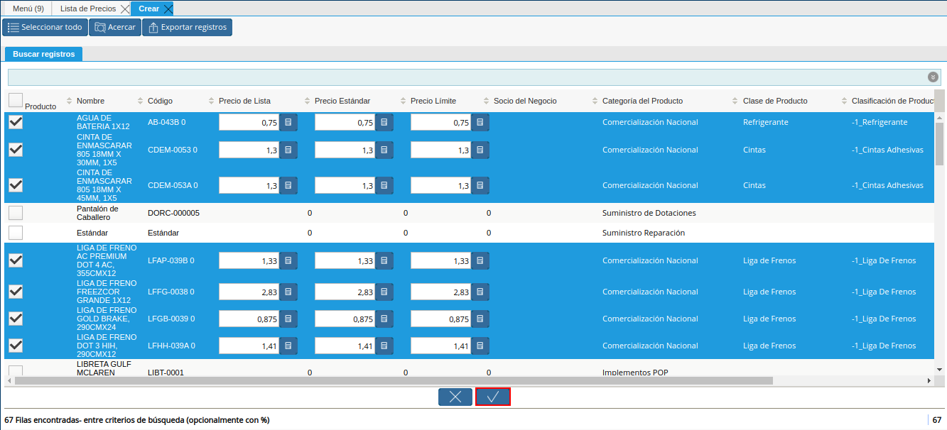 opción ok para cargar precios