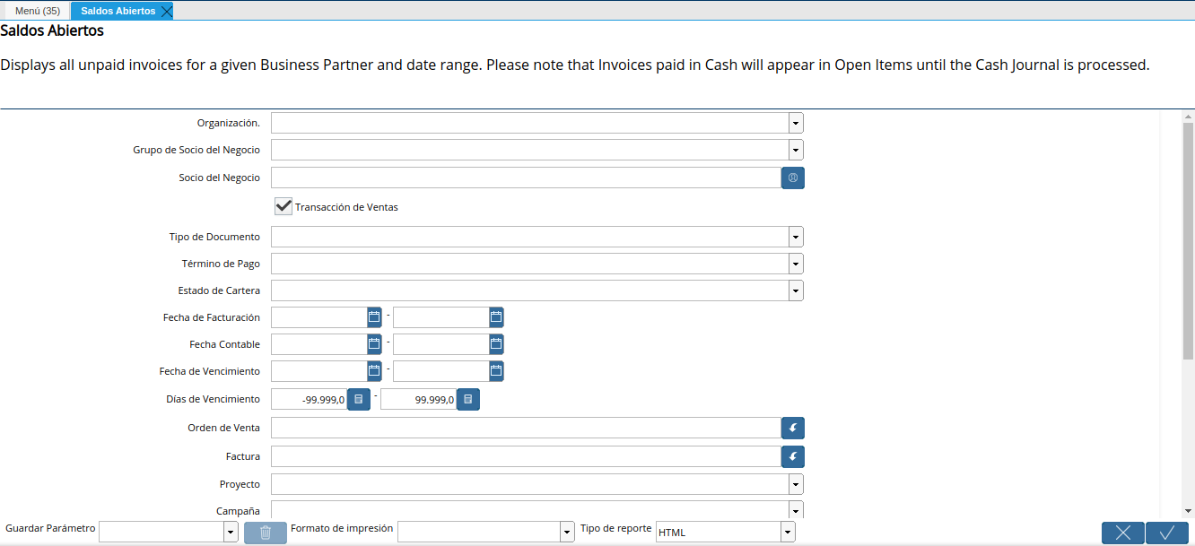 ventana del reporte de saldos abiertos