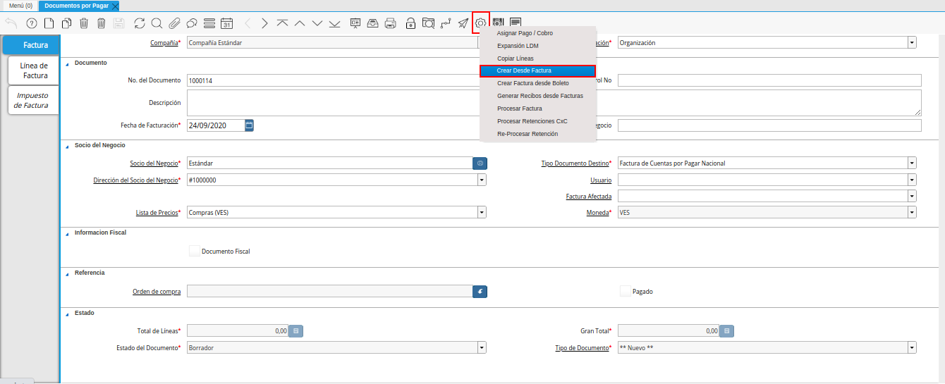 opcion crear desde para factura desde recepcion del icono proceso