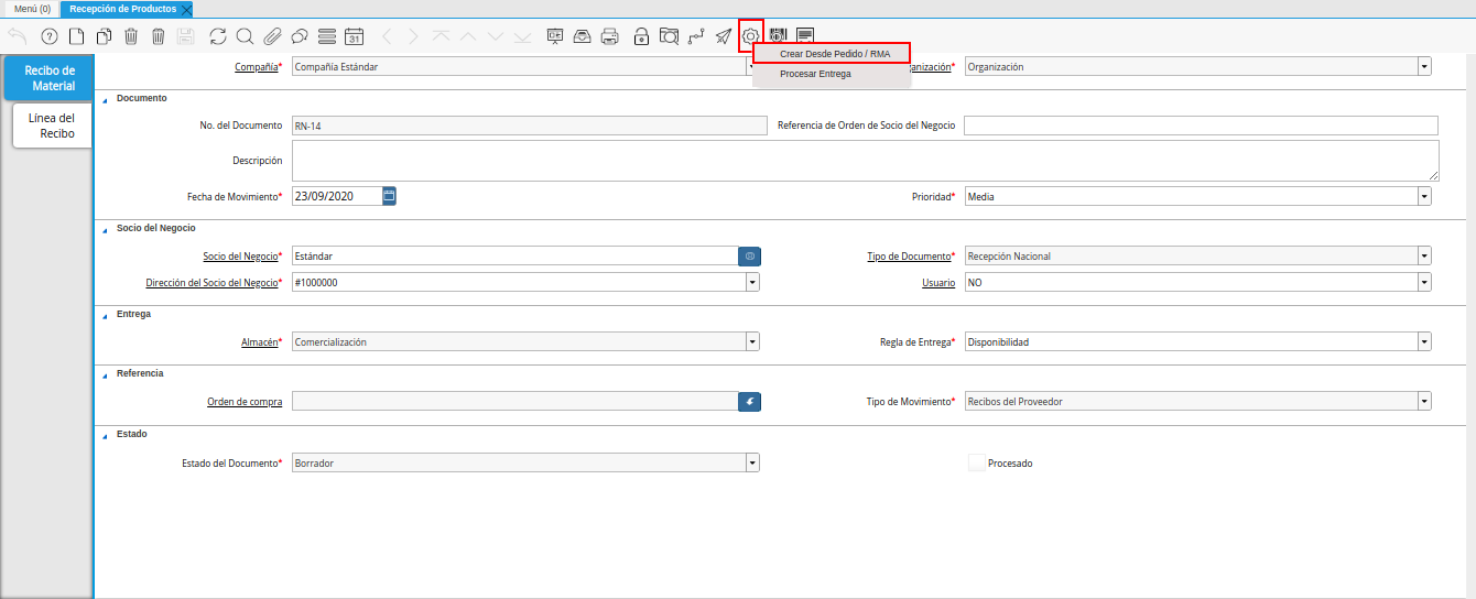 opción crear desde pedido rma del icono proceso