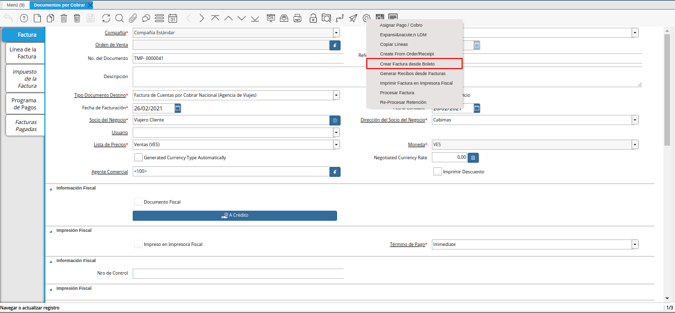 opción crear factura desde boleto
