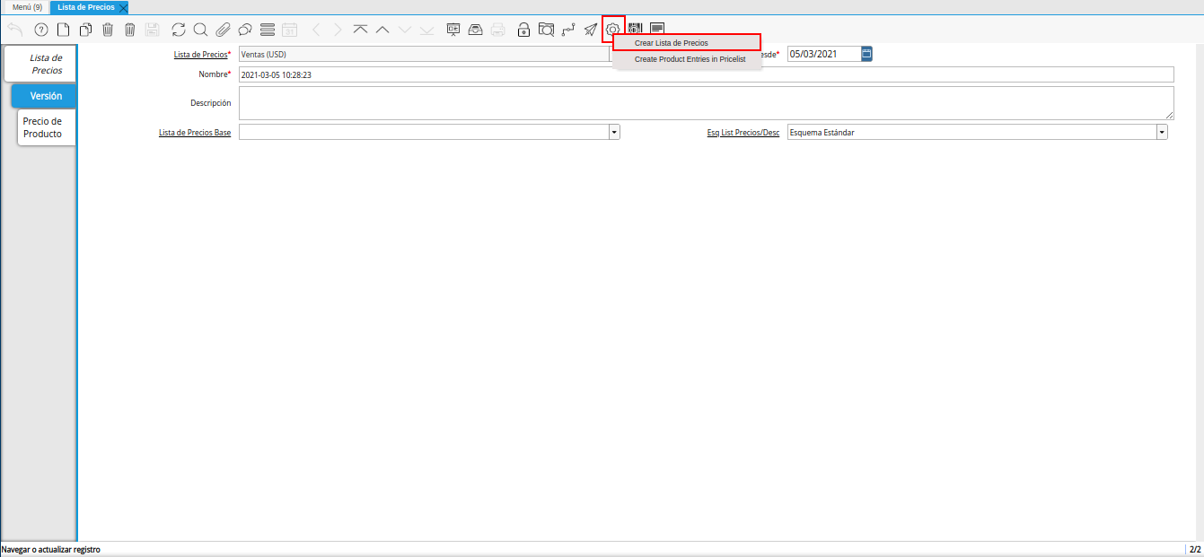 opción crear lista de precios para lista de precios base