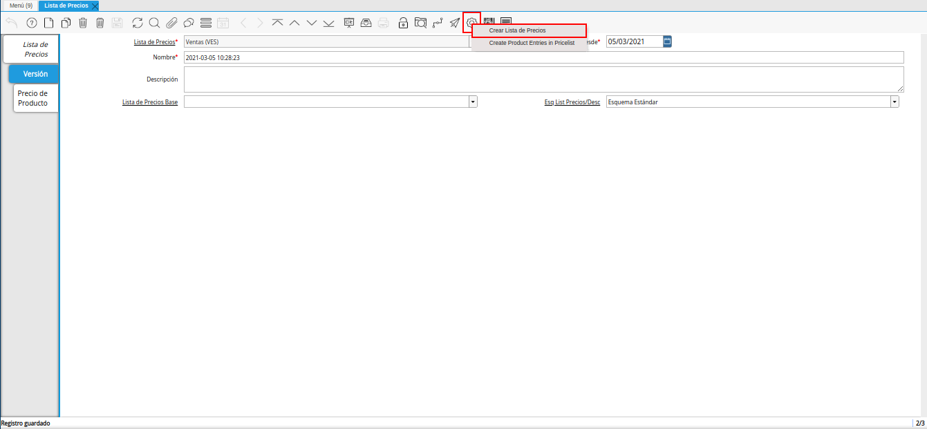 opción crear lista de precios para lista de precios desde última oc procesada