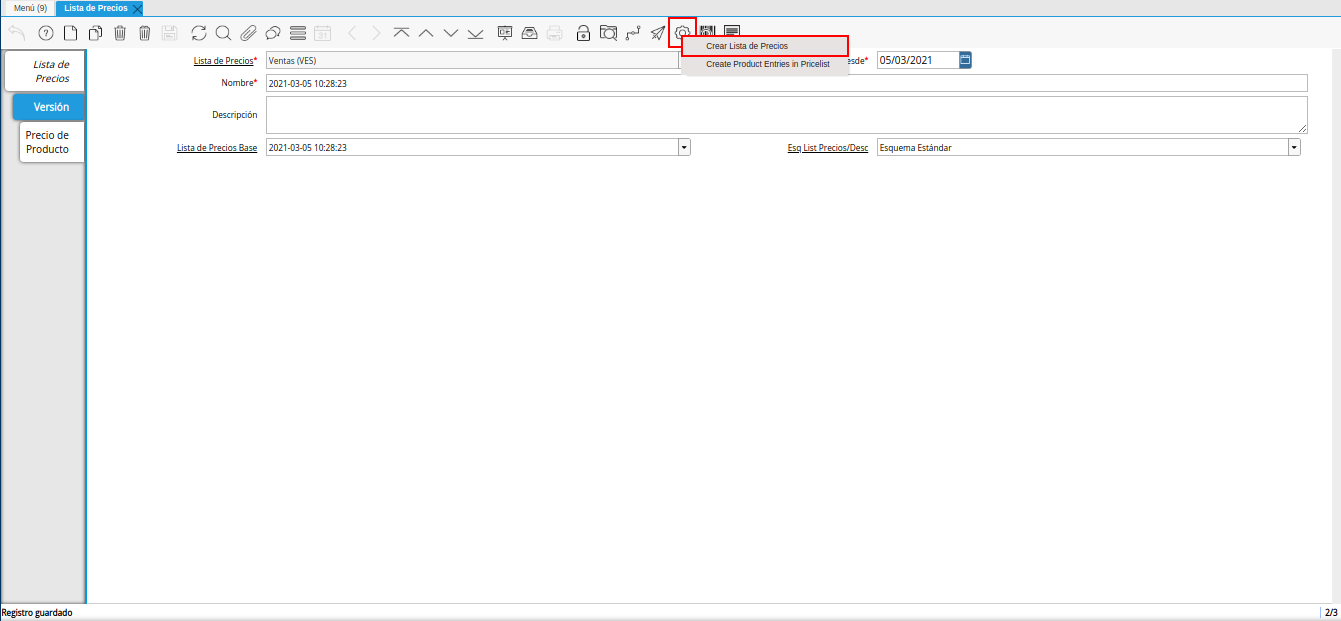 opción crear lista de precios para lista de precios desde otra