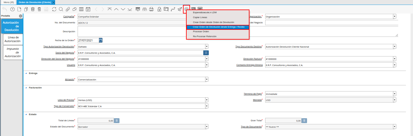 opción crear orden de devolución desde entrega recibo de la ventana orden de devolución cliente