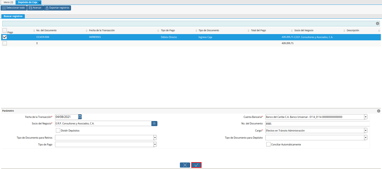 opcion ok de la ventana deposito a caja