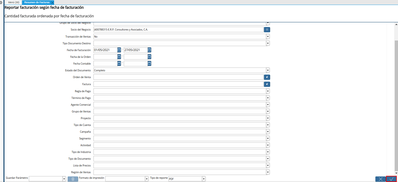 opción ok del reporte resumen de facturas
