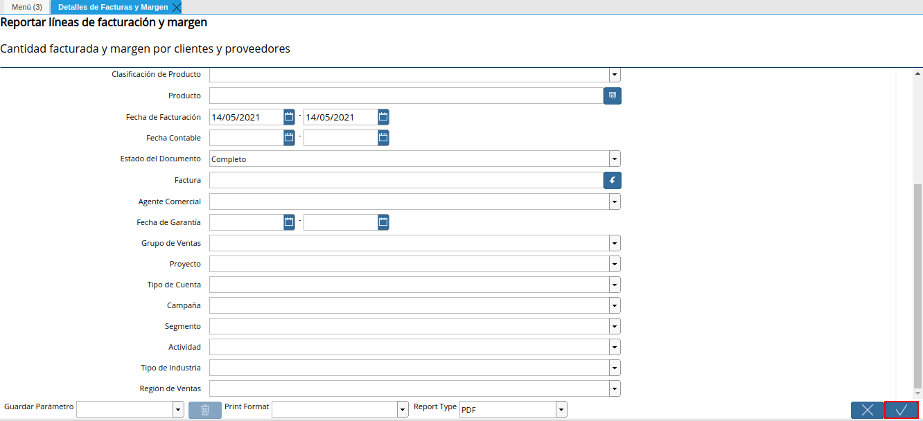 opción ok del reporte detalles de facturas y margen