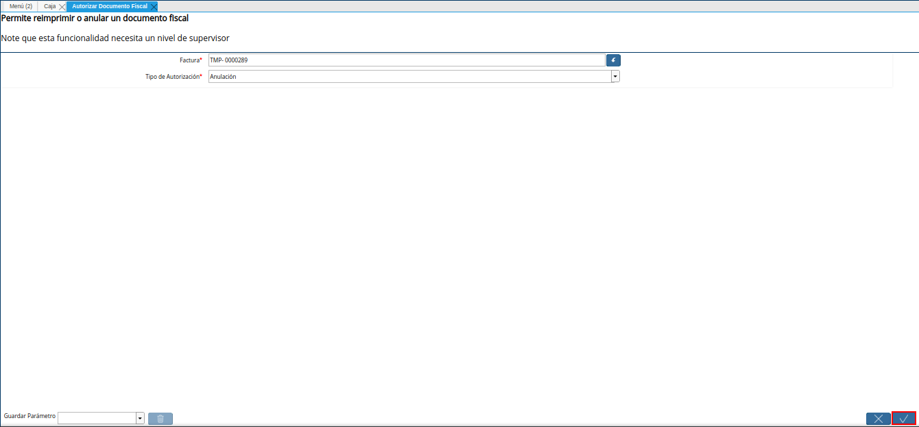 opción ok para ejecutar el proceso autorizar documento fiscal