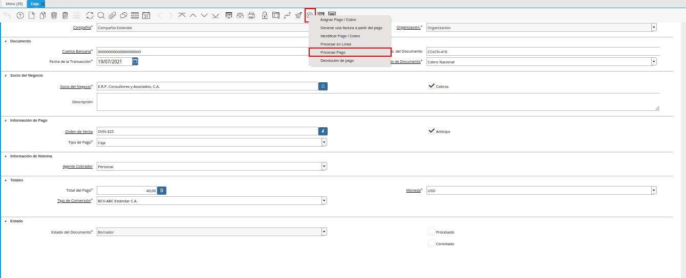 opción procesar pago de la ventana caja