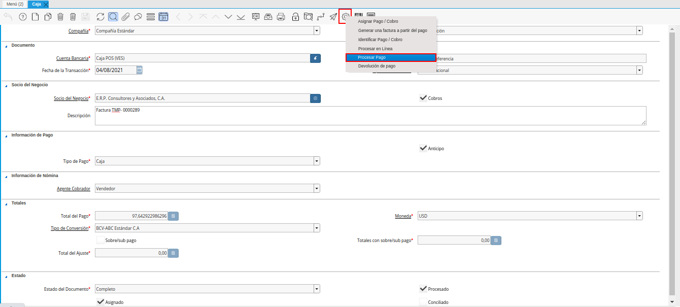 opción procesar pago de la ventana caja