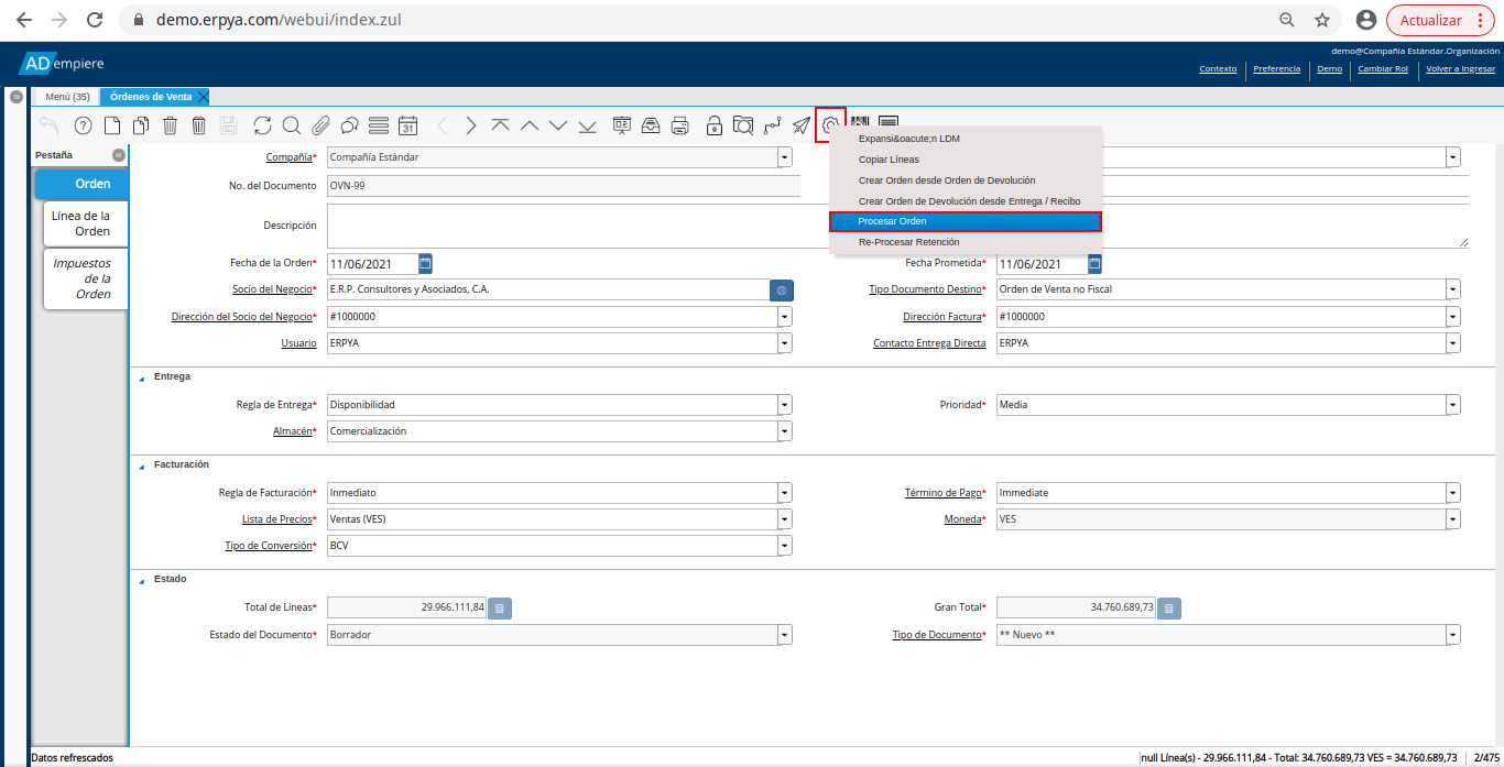 opción procesar orden del icono proceso de la orden de venta no fiscal