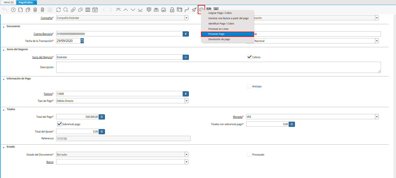 Opción Procesar Pago del Icono Proceso