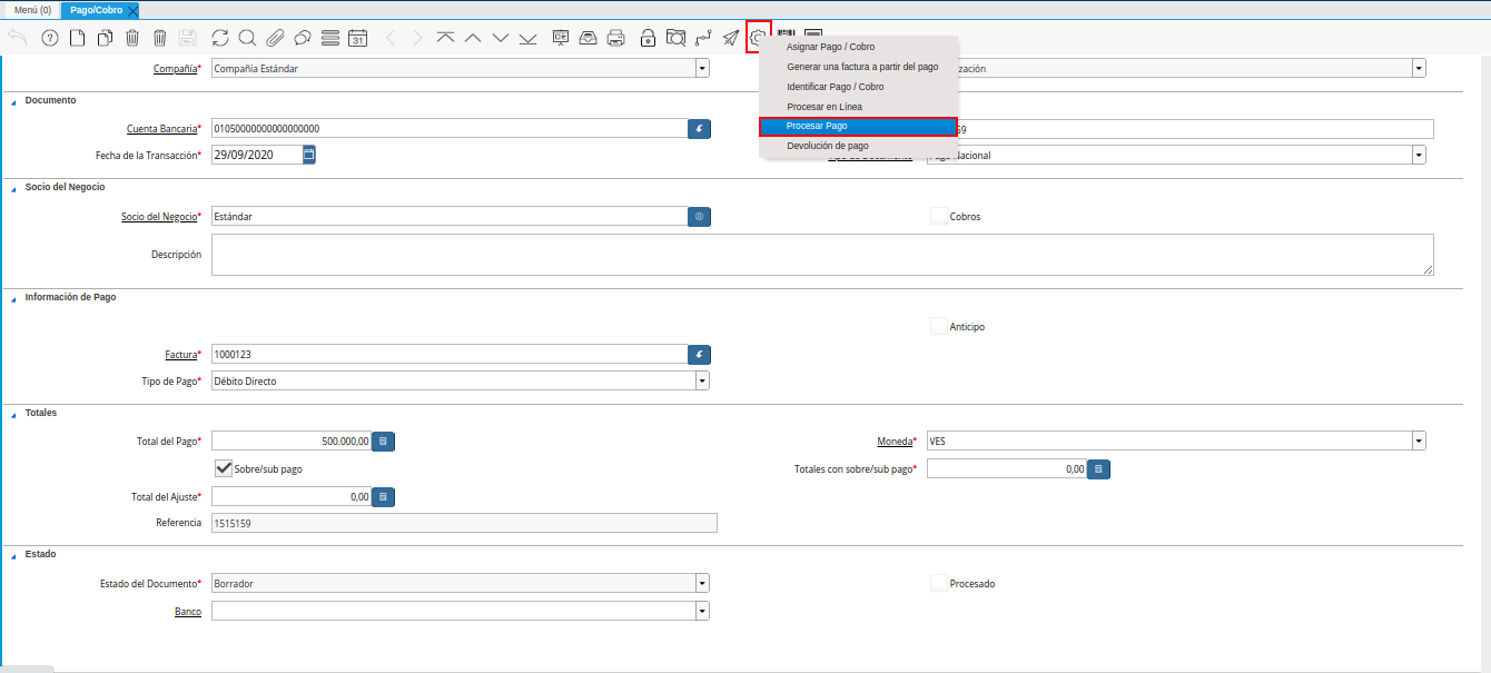 Opción Procesar Pago del Icono Proceso