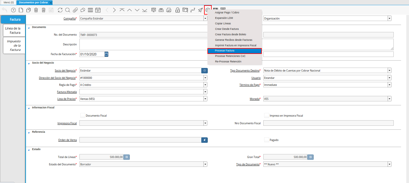 opción procesar factura del icono proceso nota de débito