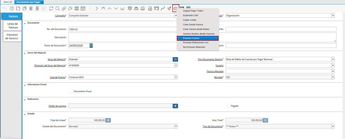 opcion procesar factura del icono proceso débito