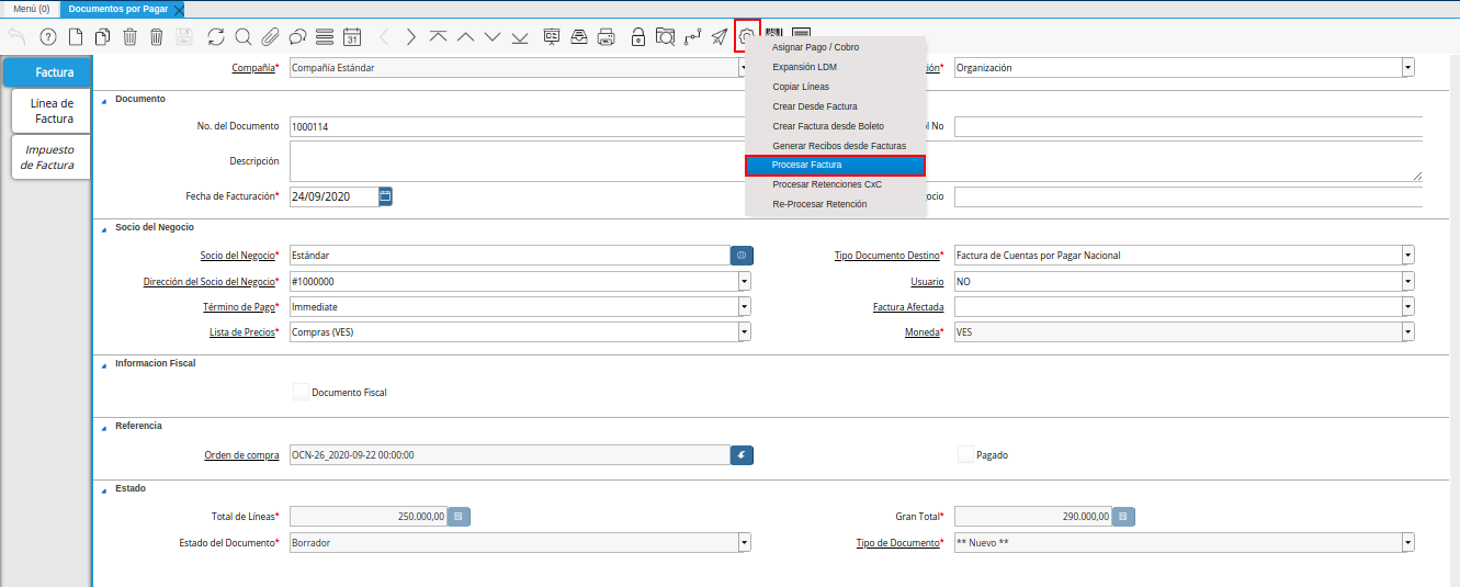 opcion procesar factura del icono proceso