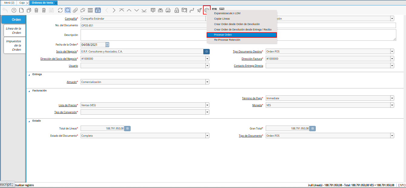 opción procesar orden del icono proceso de la ventana órdenes de venta